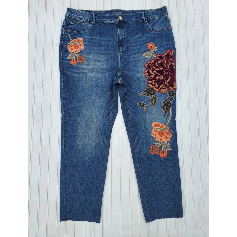 Chico's Floral Embroidered Jeggings Blue Denim Raw Hem Size 20R 4R